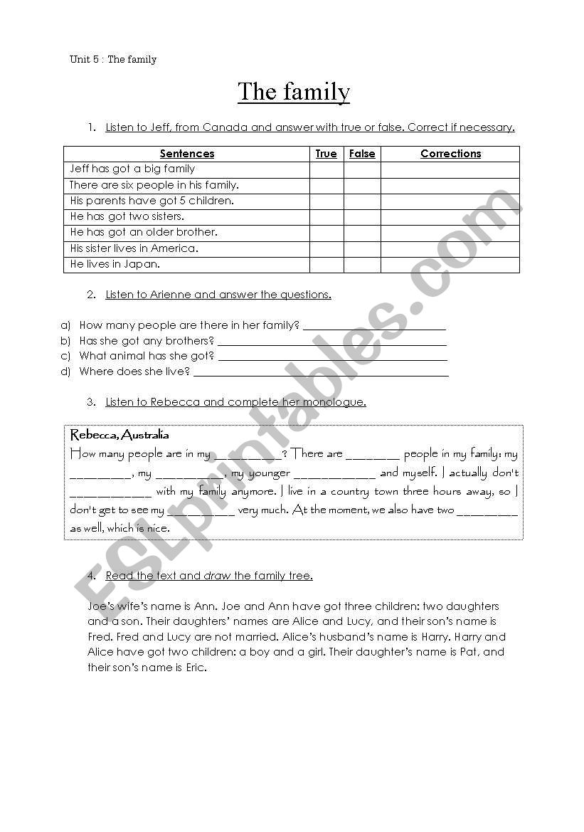 family listening and reading worksheet