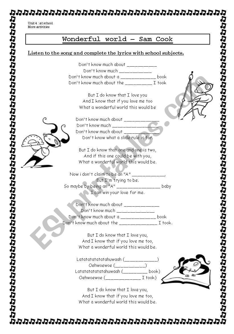 school subjects song worksheet