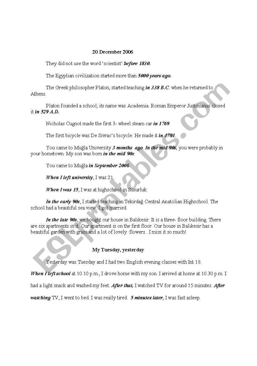 Past Time expressions worksheet
