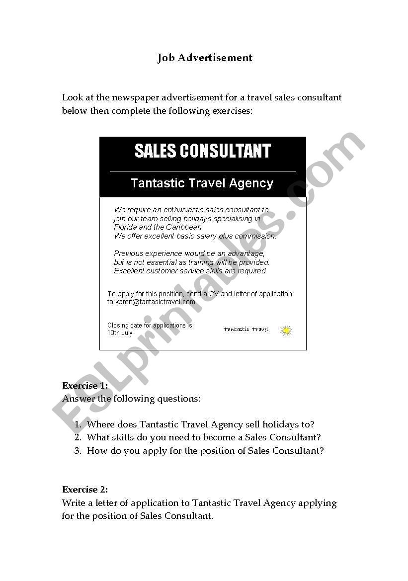 Travel Agency Job Advert worksheet
