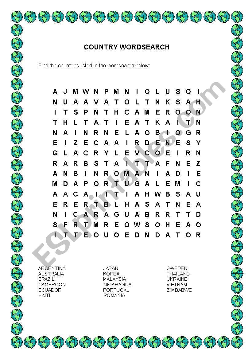 Country Wordsearch worksheet