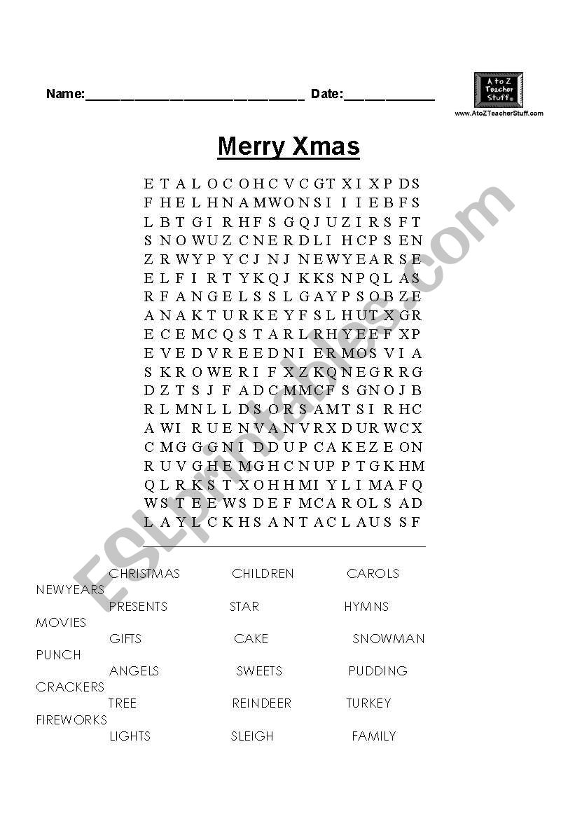 Merry Xmas word search worksheet