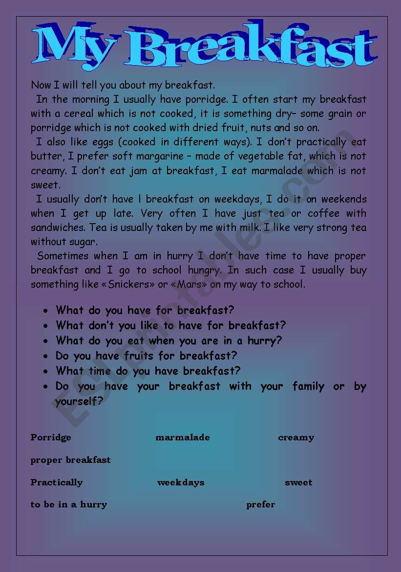 My Breakfast worksheet