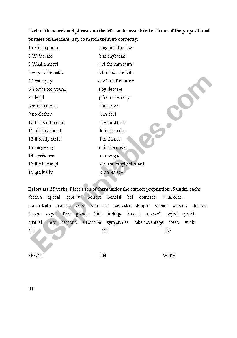 Prepositions after verbs worksheet