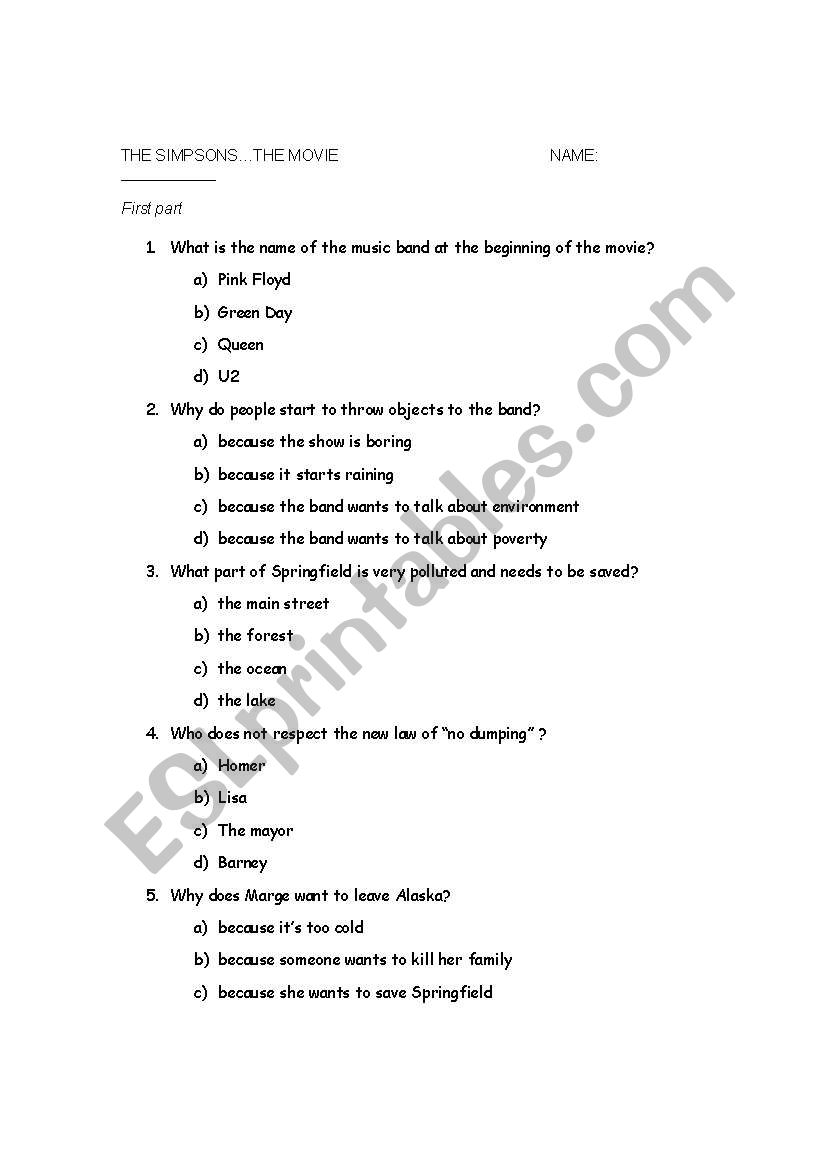 The simpsons...the movie worksheet