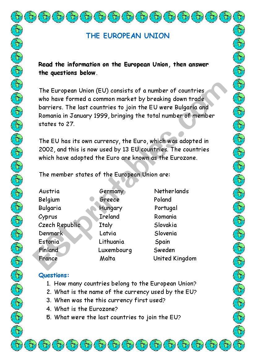 The European Union worksheet