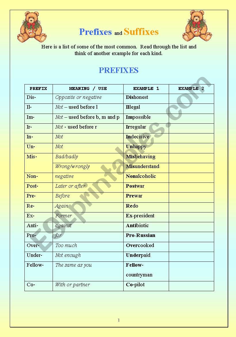 Prefixes and Suffixes  worksheet