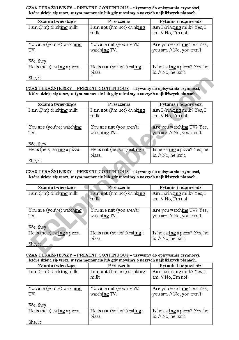 Present Continuous chart worksheet