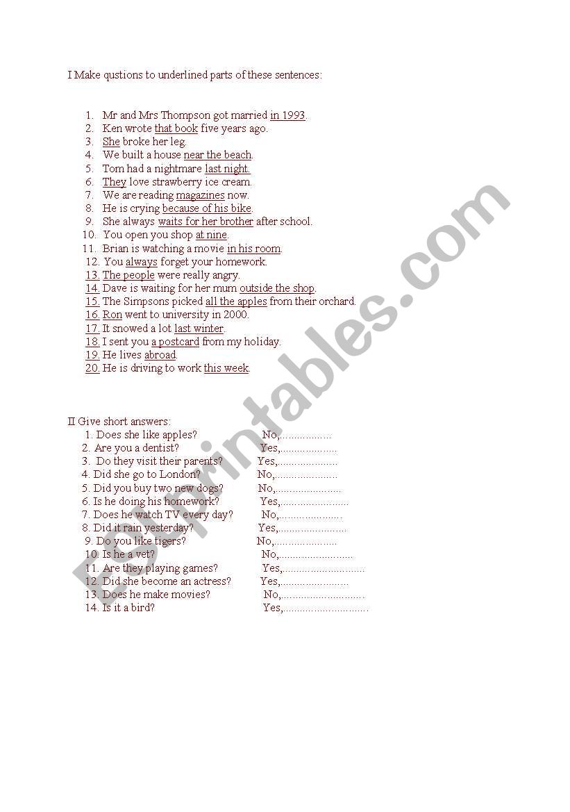WH-questions & short answers worksheet