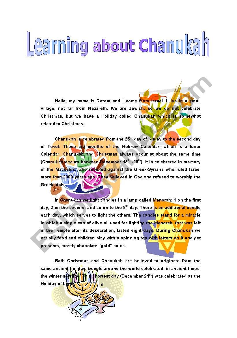 Reading, Chanukah worksheet