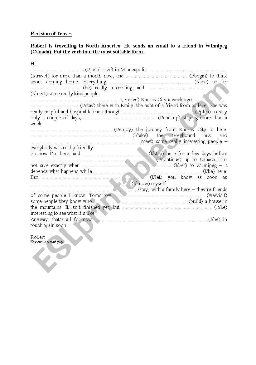 Revision of Tenses with KEY worksheet