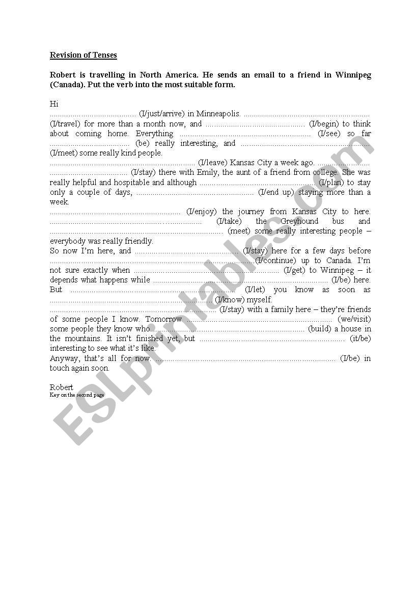 Revision of Tenses with KEY worksheet