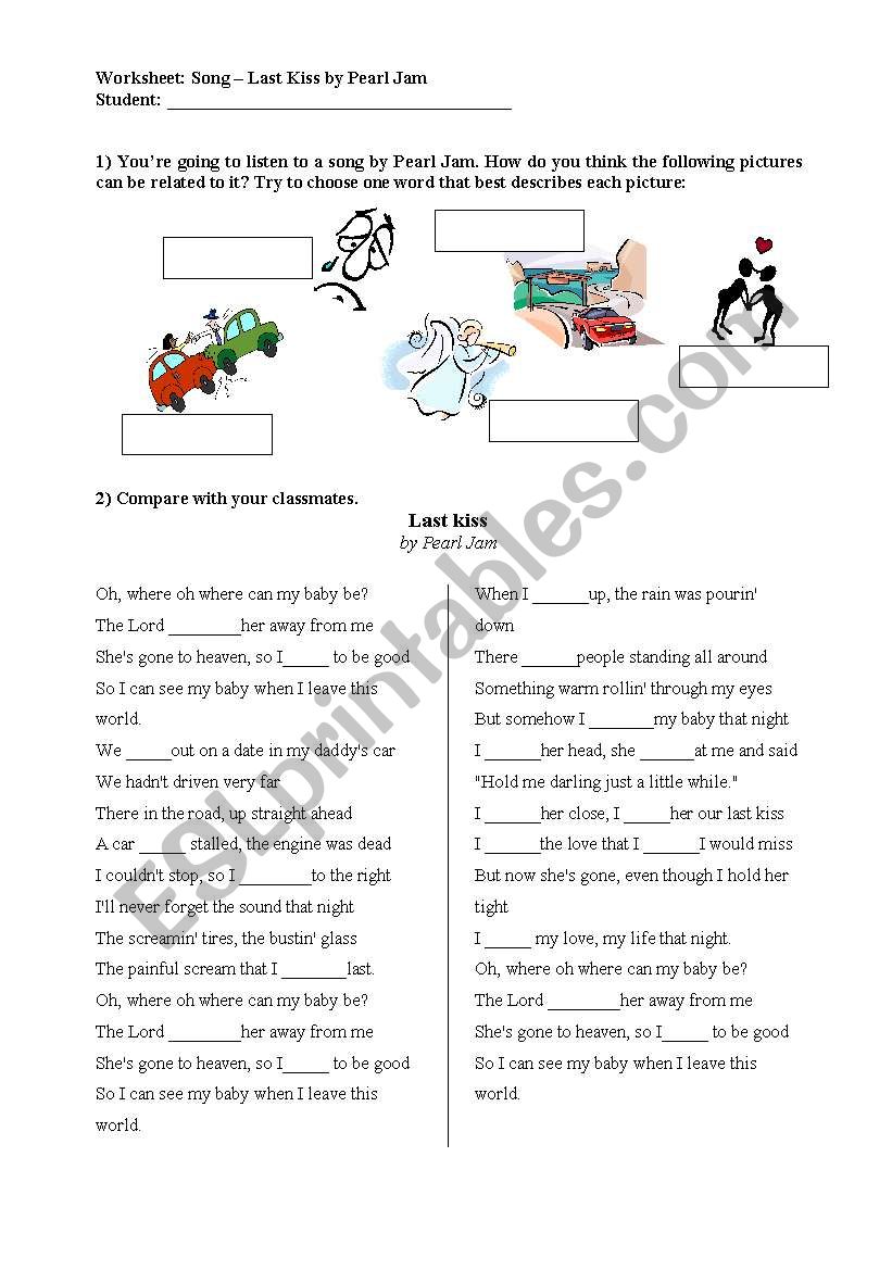 Song - Last Kiss by Pearl Jam worksheet