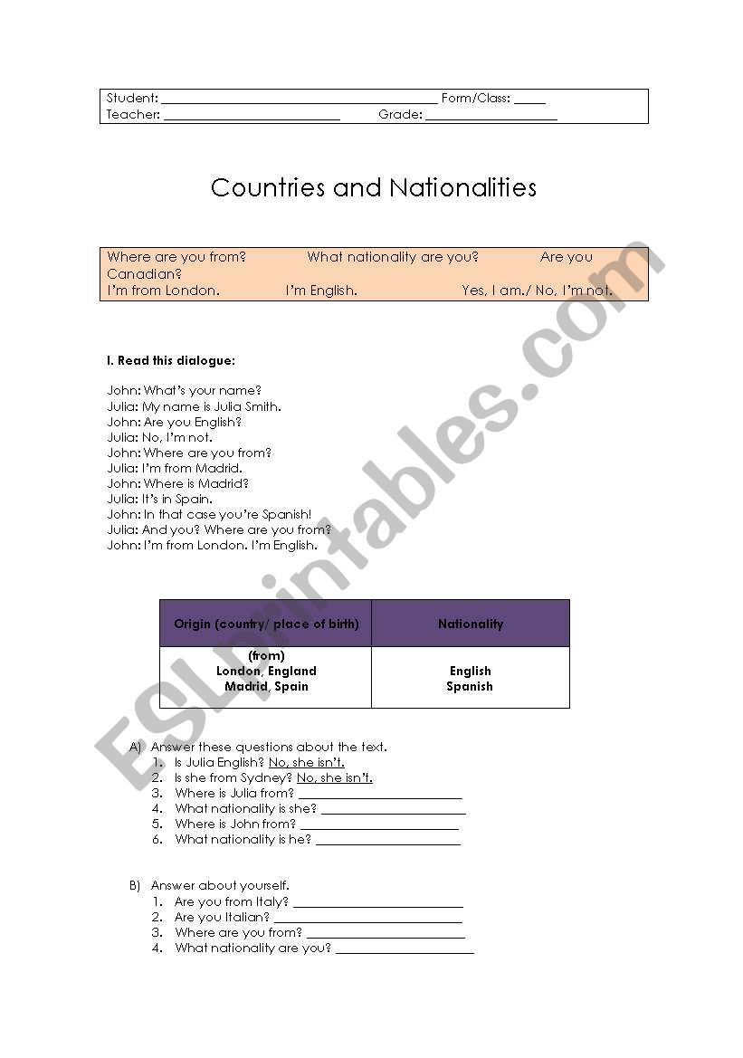 Countries and Nationalities worksheet