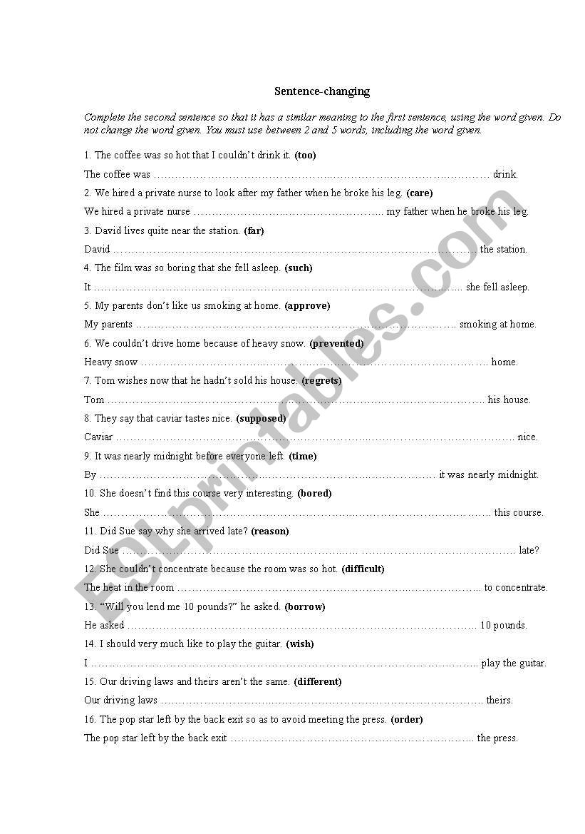 Sentence-changing worksheet