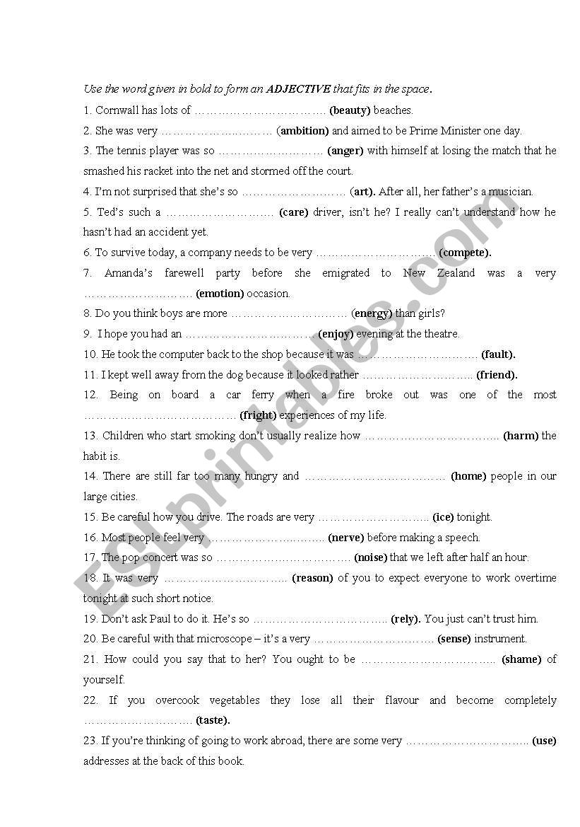 Adjective formation worksheet