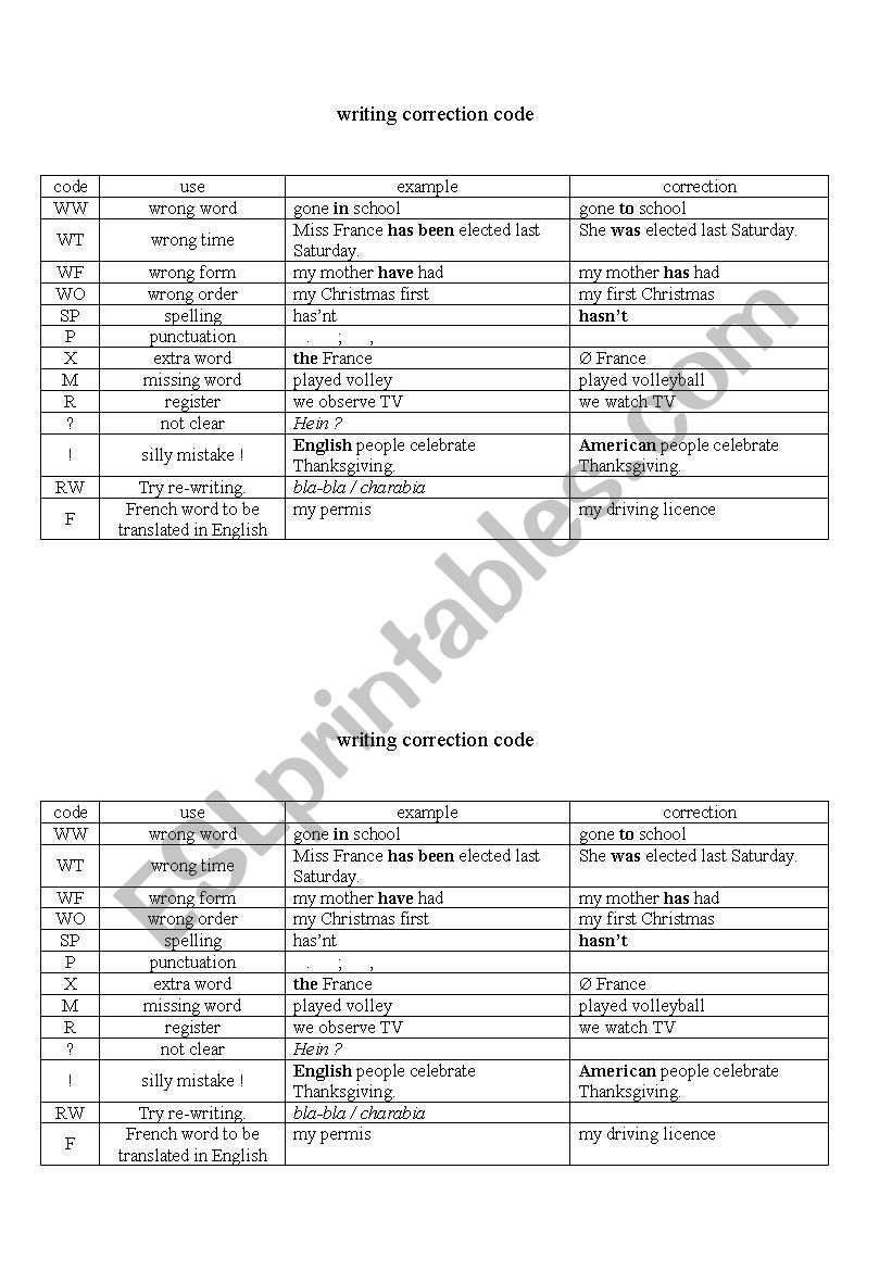 writing correction code worksheet