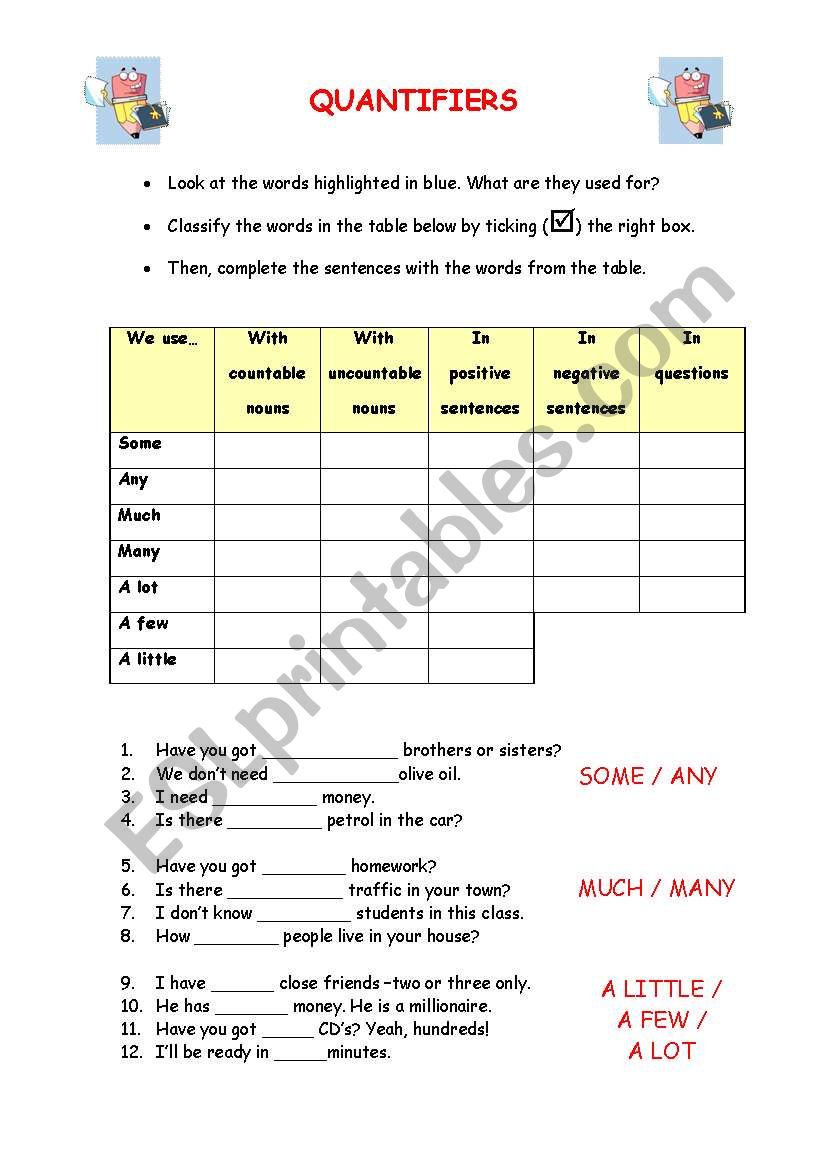 Worksheet, Quantifiers worksheet