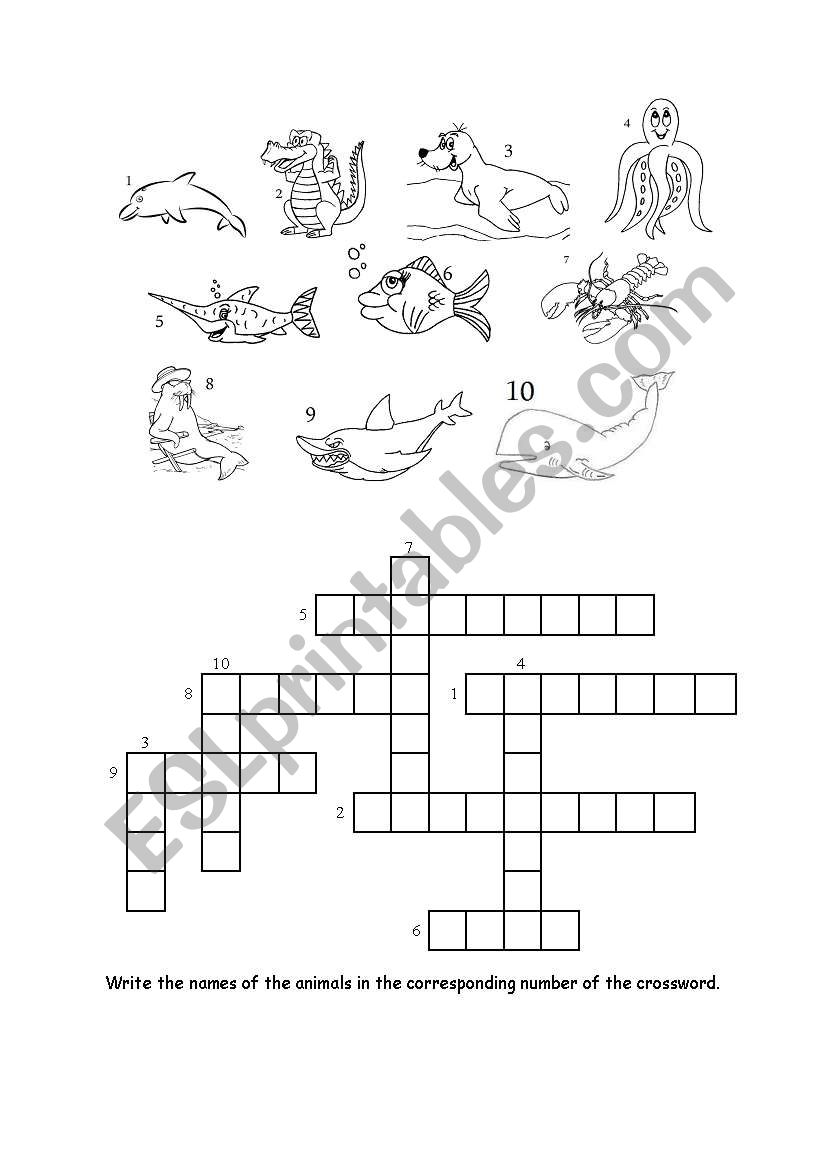 Water animals crossword worksheet