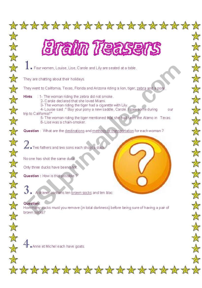 Brain teasers worksheet