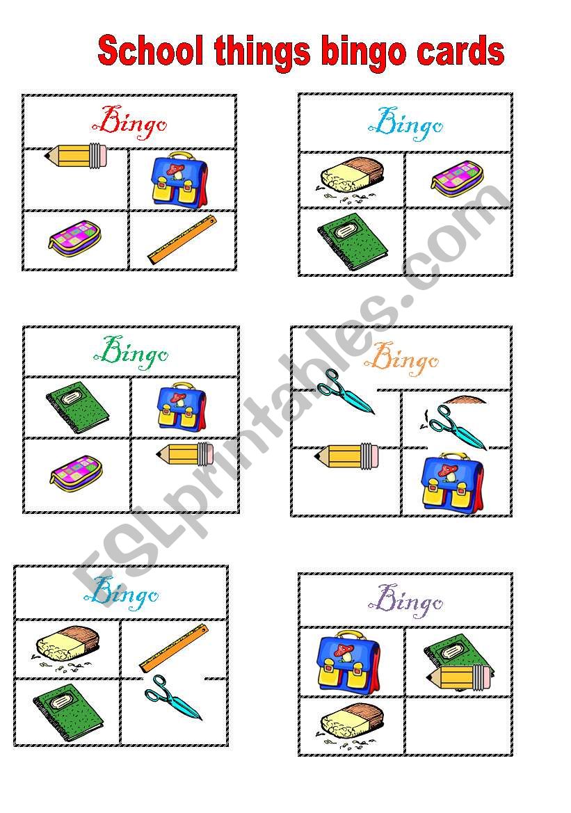 school things bingo cards worksheet