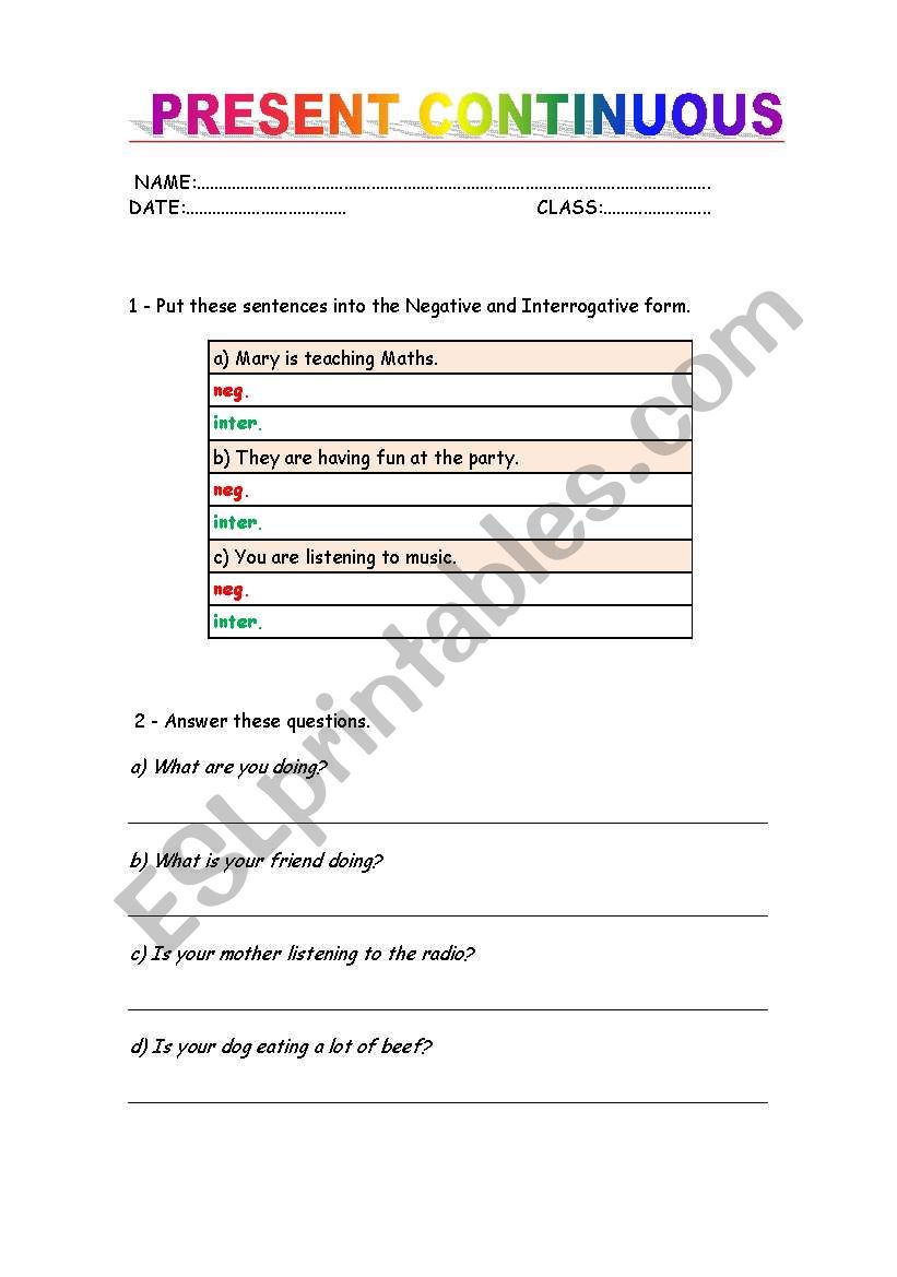 Present Continuous Exercises worksheet