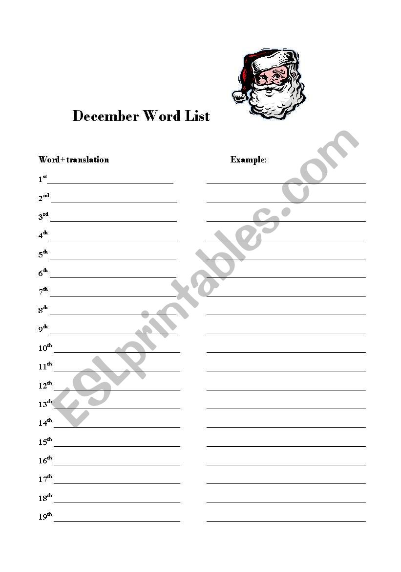 December Vocabulary List worksheet