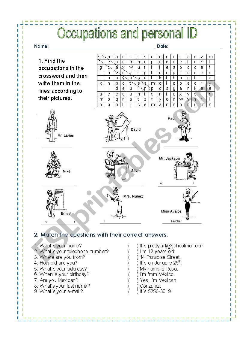 OCCUPATIONS CROSSWORD AND PERSONAL ID