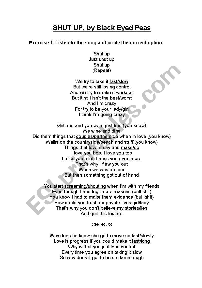 SHUT UP, by The Black Eyed Peas - ESL worksheet by liverpuliana