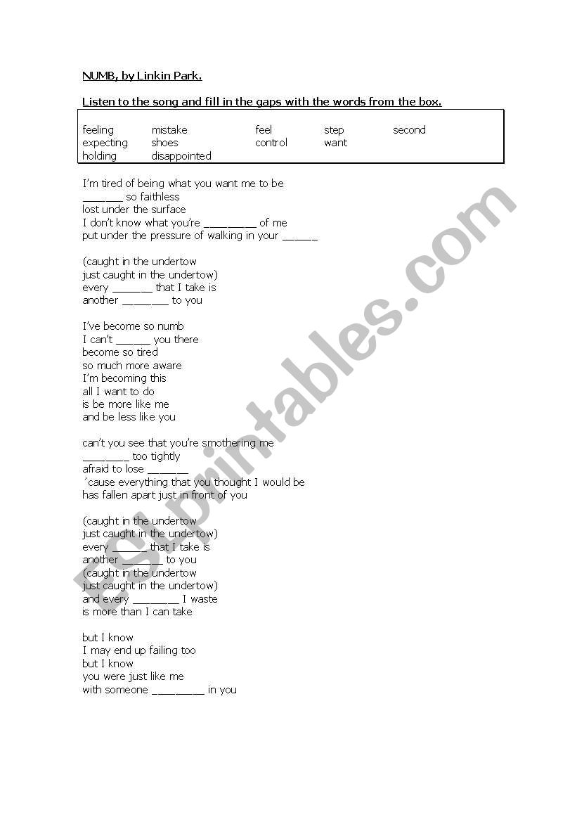 NUMB, Linkin Park worksheet