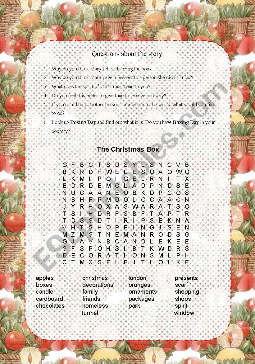 Questions and Word Search to THE CHRISTMAS BOX