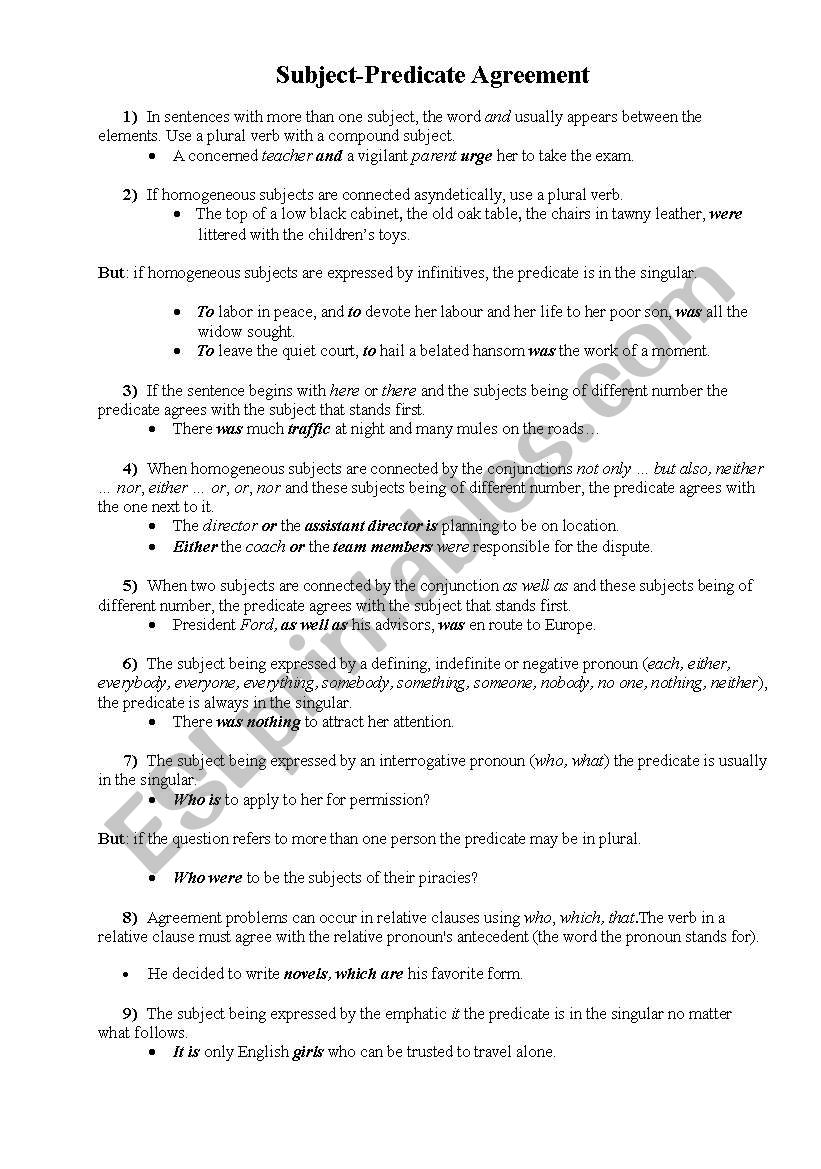 Rules On Subject Predicate Agreement Esl Worksheet By Fairytev
