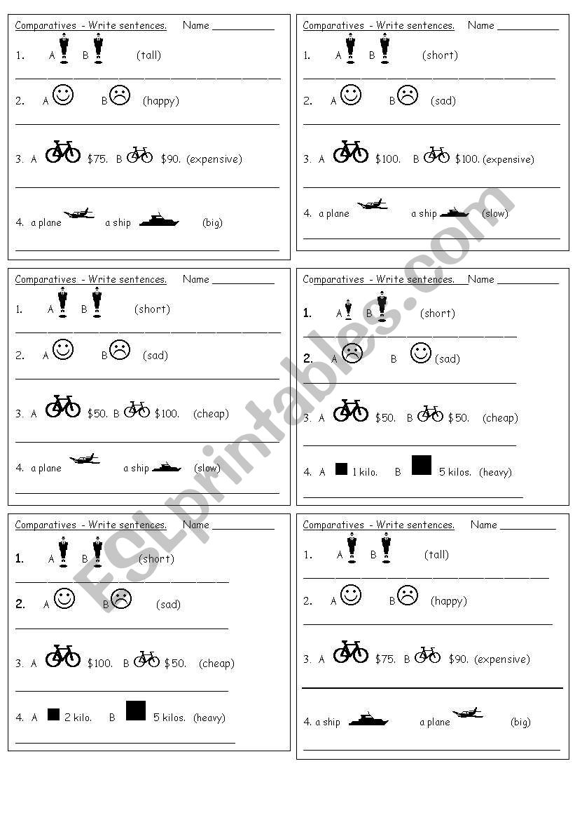 Mini quizzes - comparatives worksheet