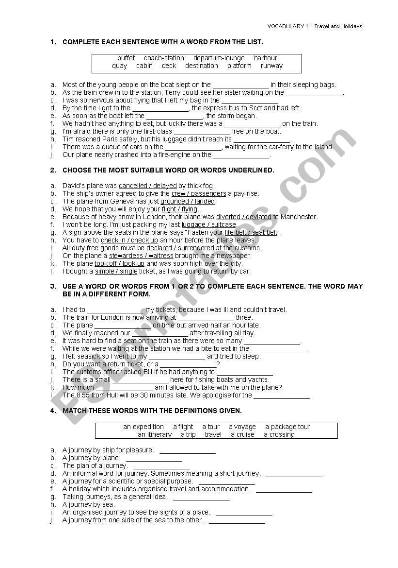 vocabulary travel and holidays exercises pdf