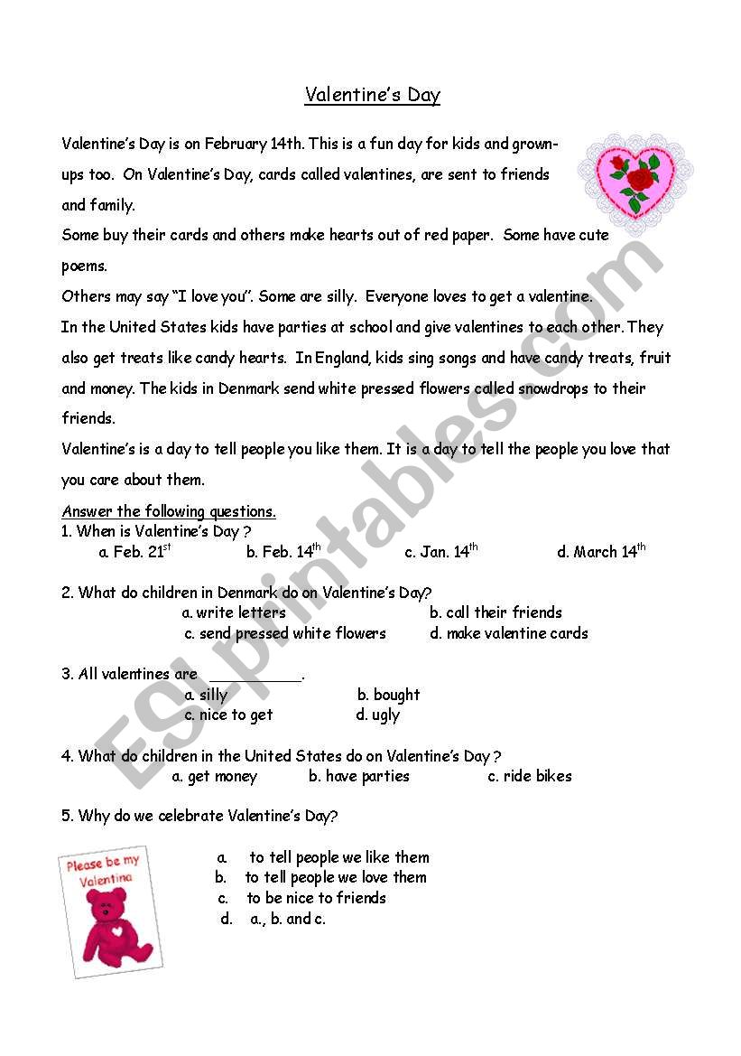 Valentines Day worksheet / quiz