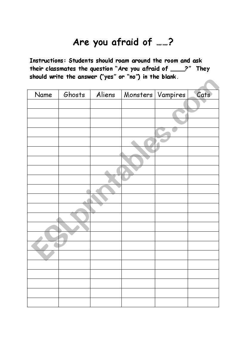 Are you afraid? worksheet