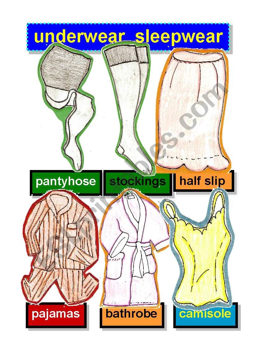 UNDERWEAR AND SLEEPWEAR -FLASHCARDS #1-  pantyhose-stockings-half slip-pajamas-bathrobe-camisole