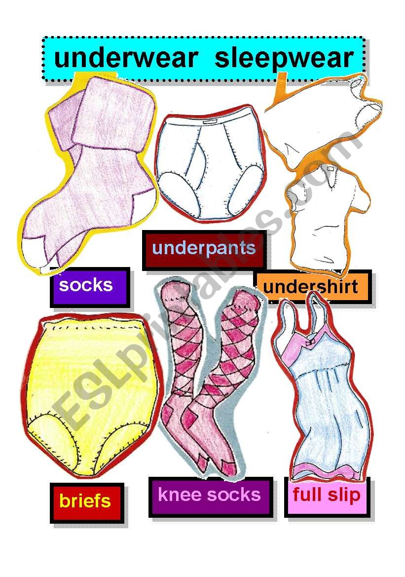 UNDERWEAR AND SLEEPWEAR- FLASHCARDS #2- socks-underpants-undershirt-briefs-knee socks-full slip