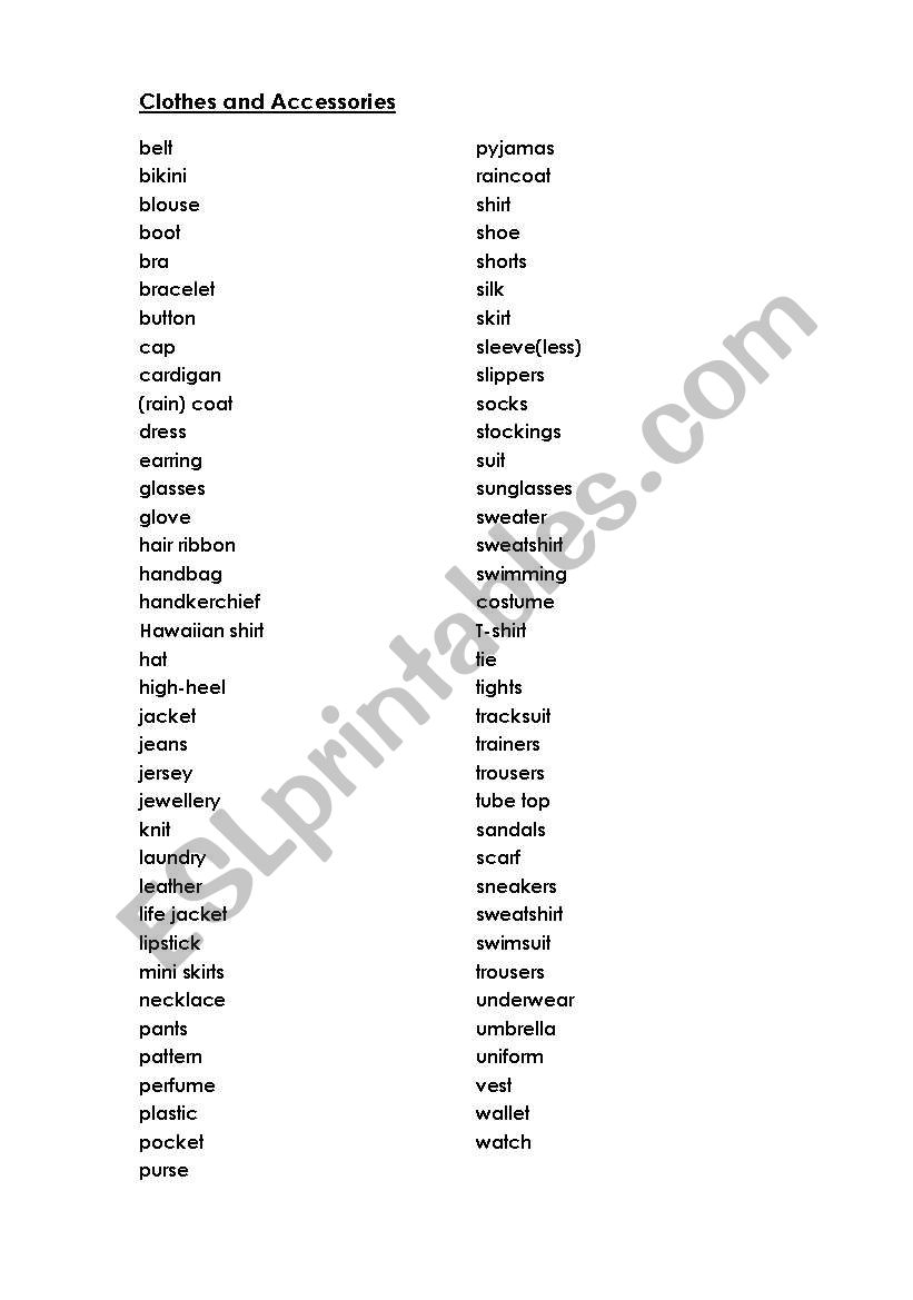 Clothes and Accessories worksheet