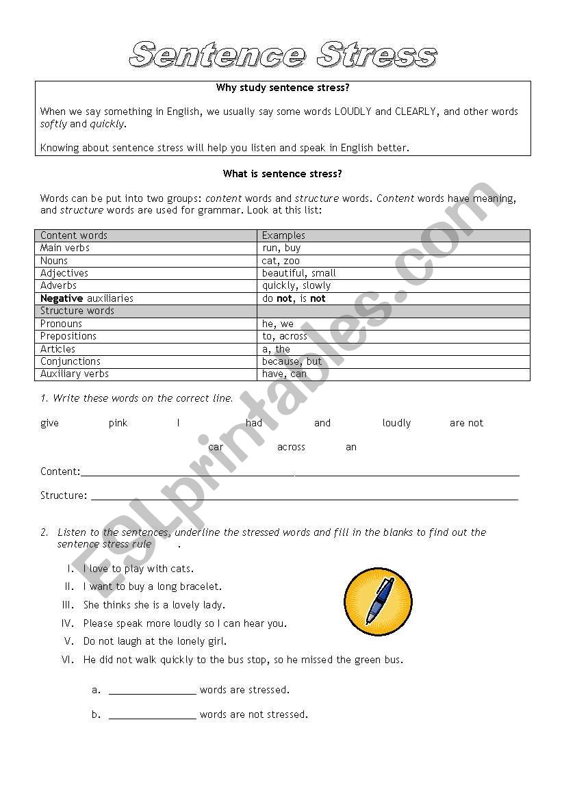 Sentence Stress (rule for stress words) Worksheet