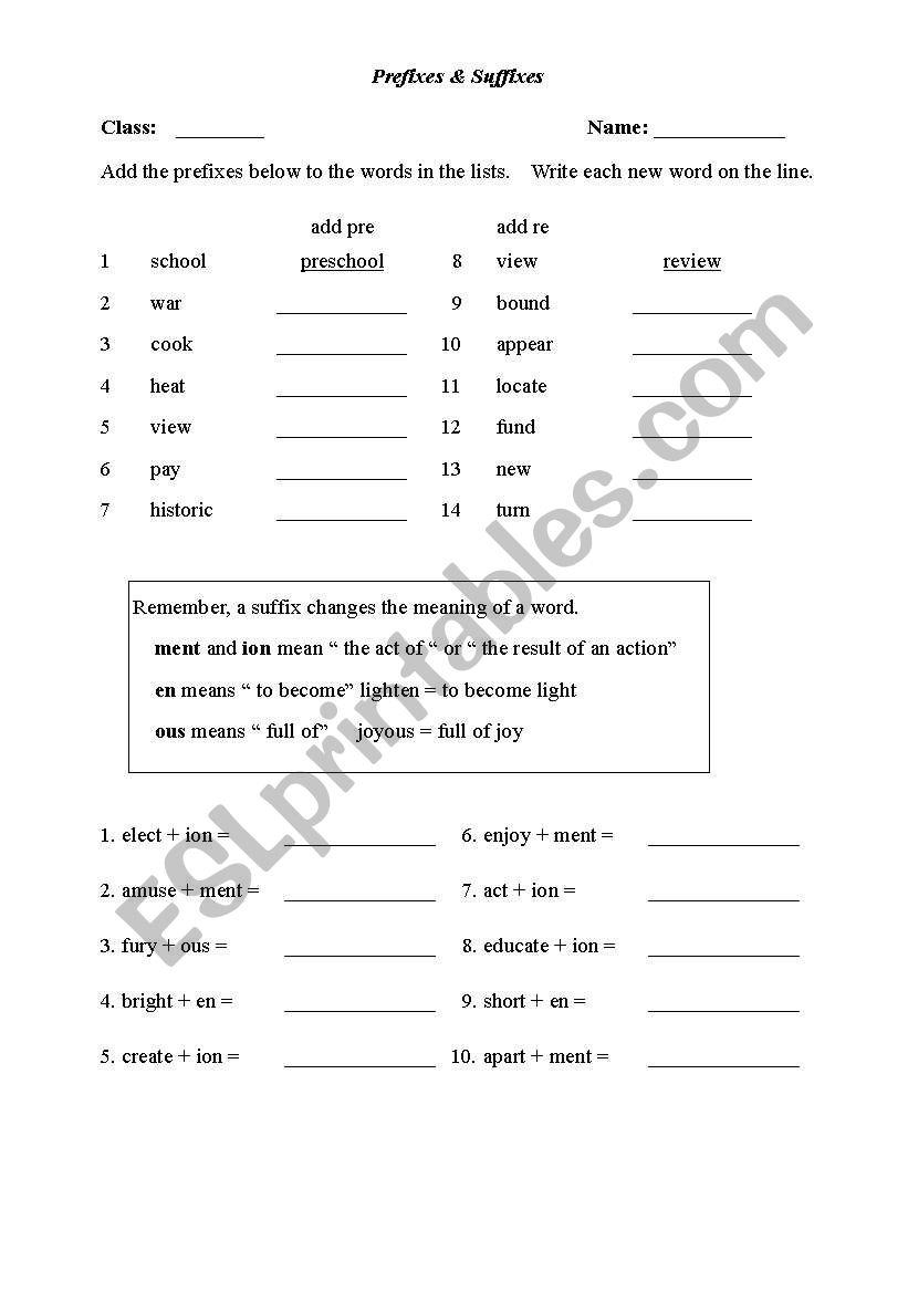 Prefixed and Suffixes worksheet