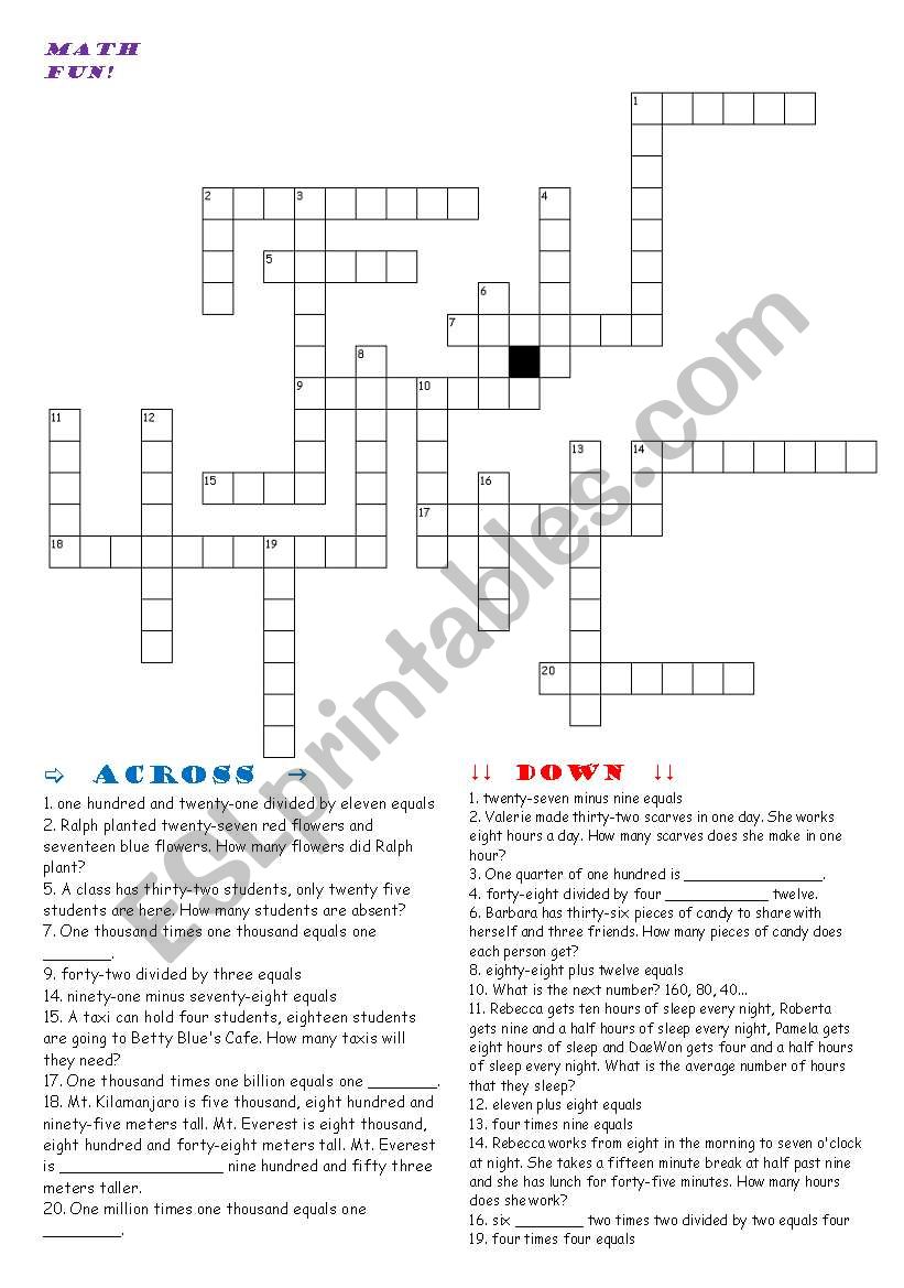 Math crossword worksheet