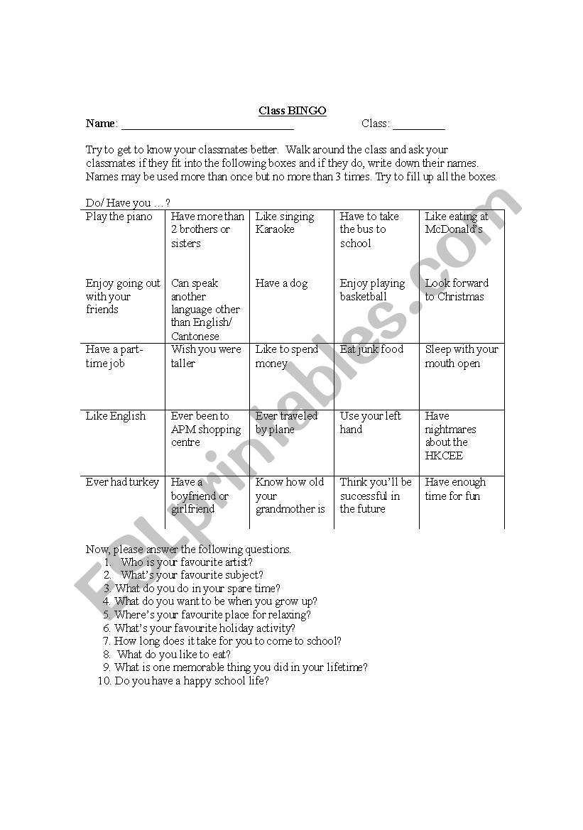 Ice Breaker: BINGO worksheet