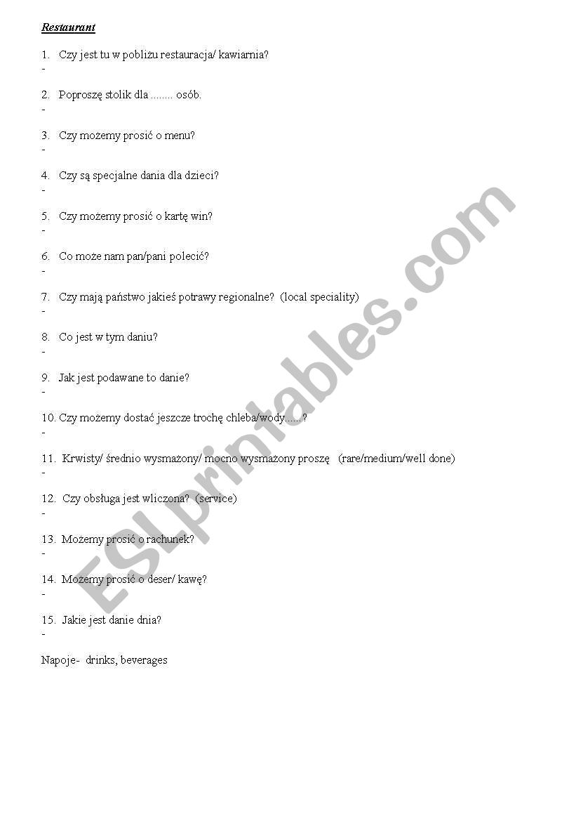 restaurant worksheet
