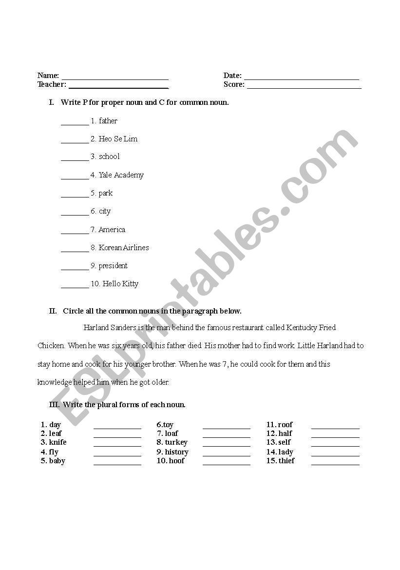 nouns worksheet