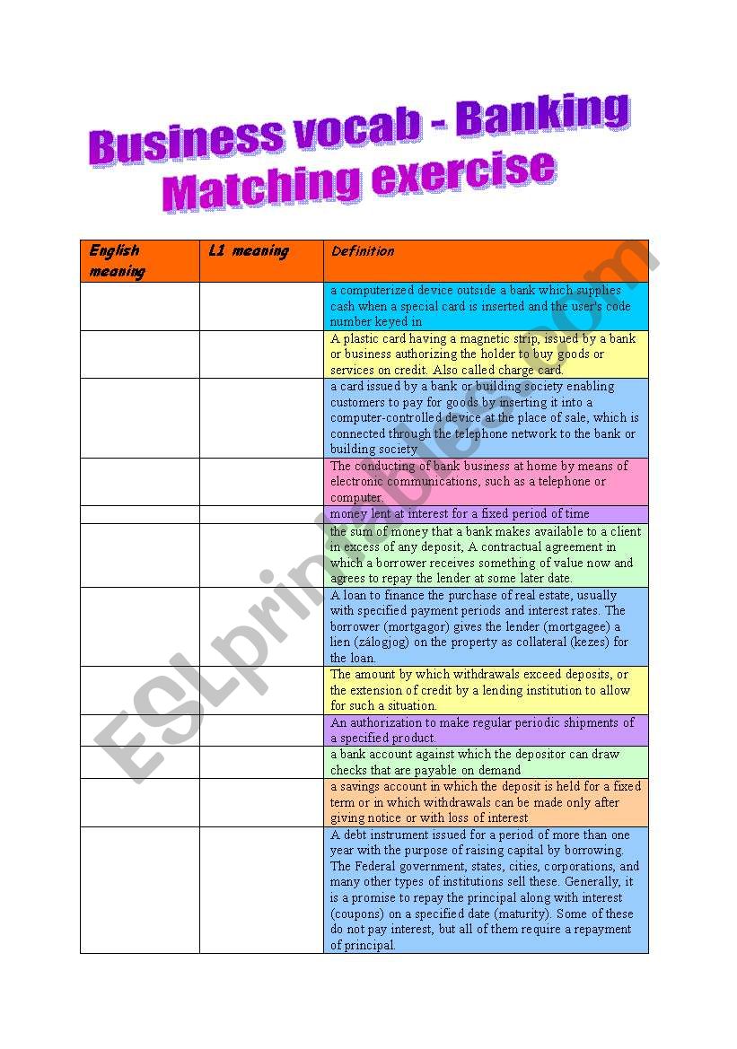 Business vocab - Banking Matching Exercise