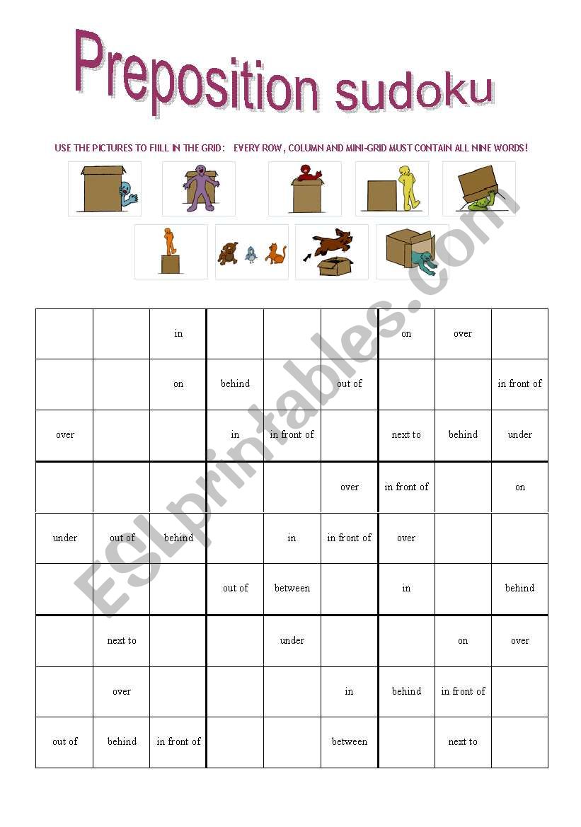 preposition sudoko worksheet