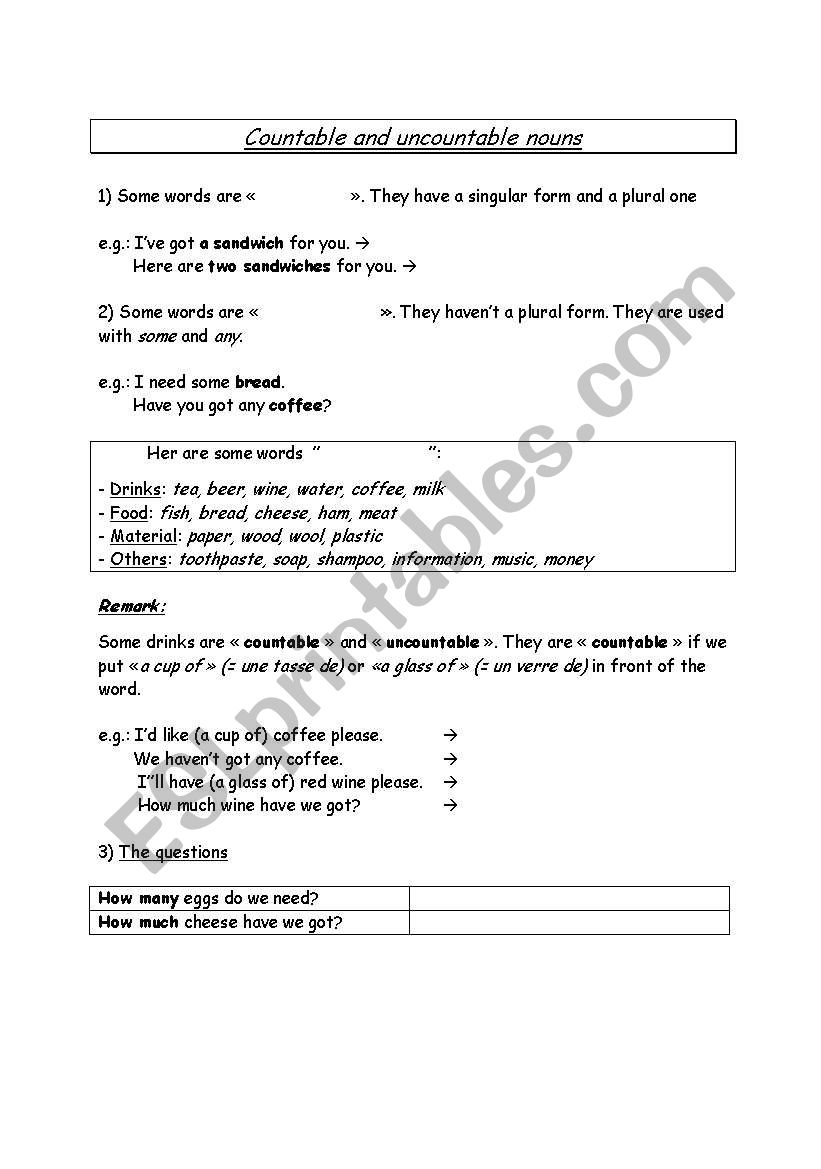 (Un)countables theory worksheet