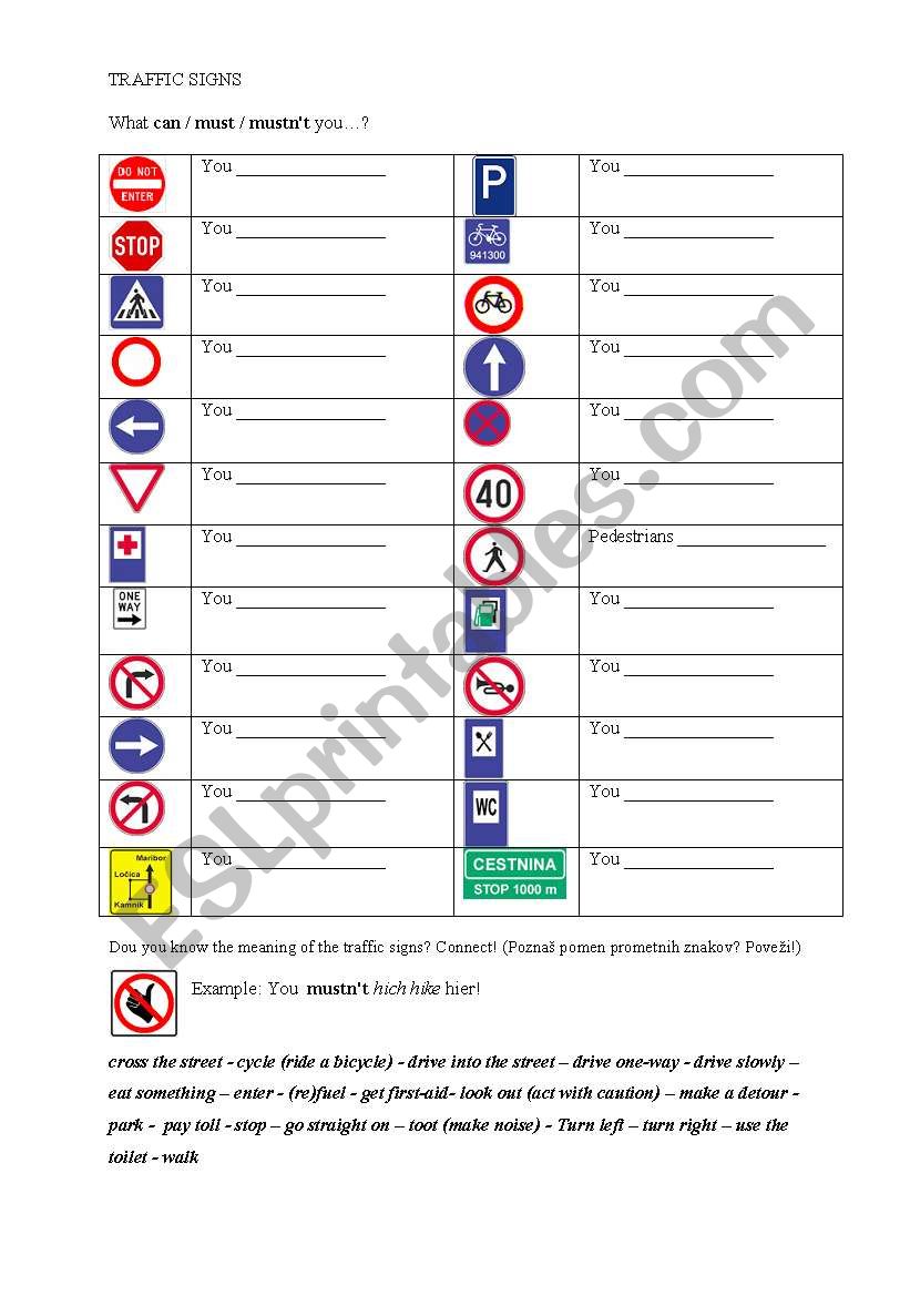 Modal verbs - traffic signs worksheet