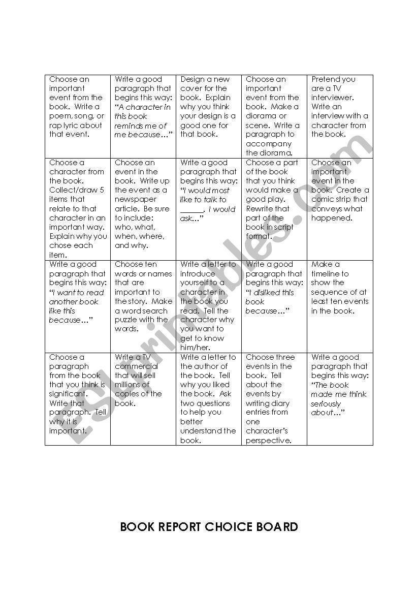 Book Report Choice Board worksheet